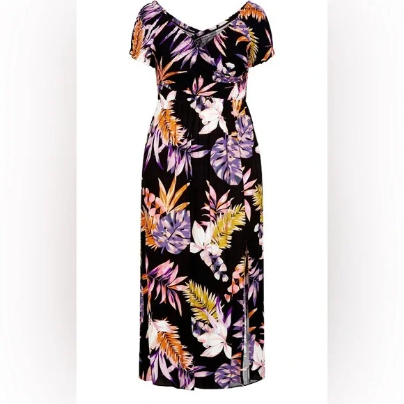 City Chic Skye Off Shoulder Print Maxi Dress - black size 14 - Picture 2 of 14